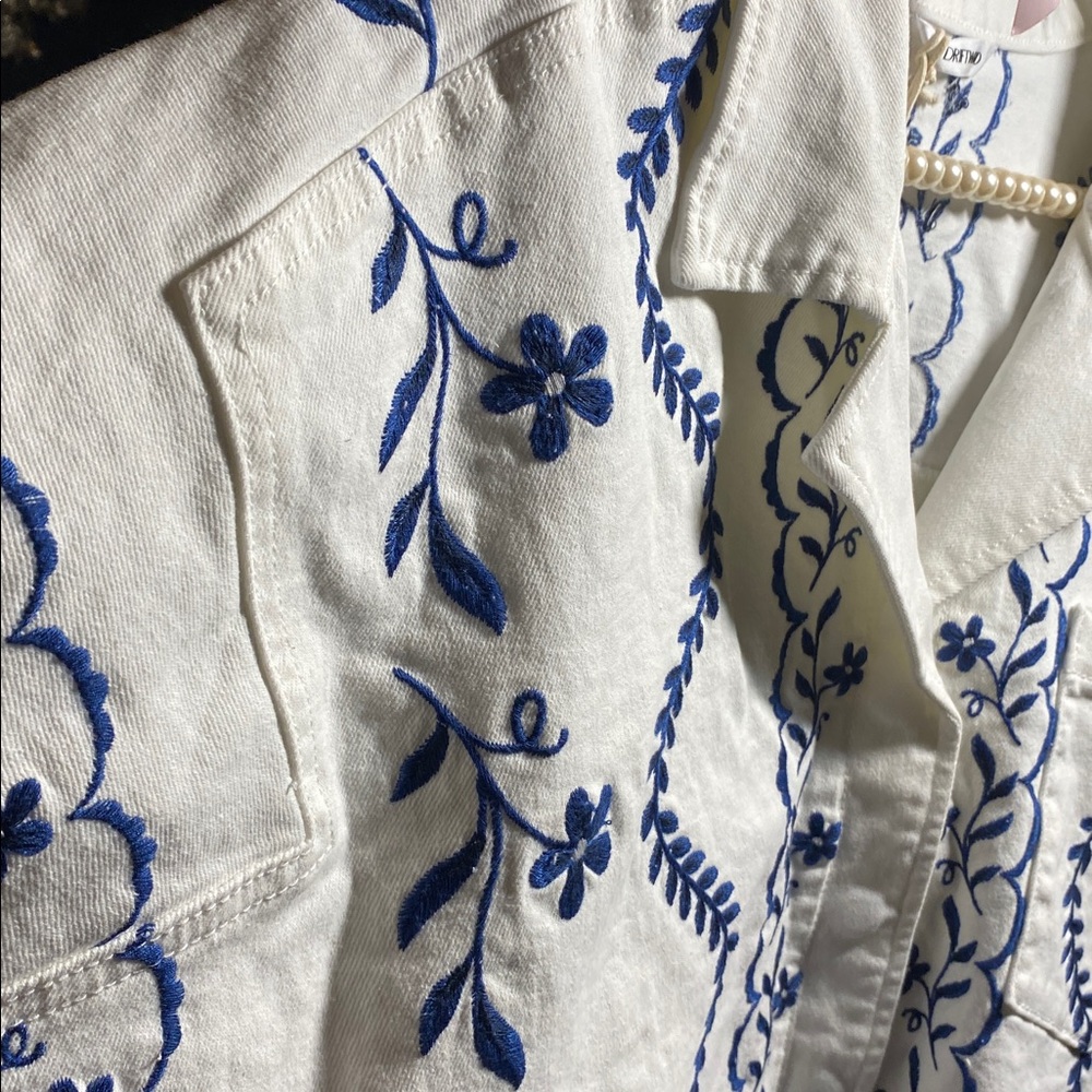DRIFTWOOD White with Blue Embroidered Denim Top - Picture 5 of 6